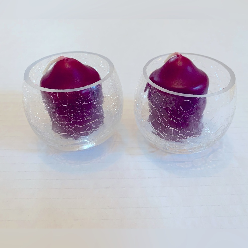 Crackle Glass Clear Candle Holders, set of two with Candles.